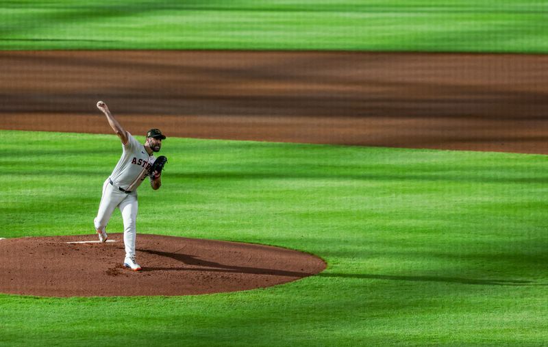 May 18, 2024; Houston, Texas, USA; Houston Astros starting pitcher Justin Verlander (35) pitches against the Milwaukee Brewers in the second inning at Minute Maid Park. Mandatory Credit: Thomas Shea-USA TODAY Sports