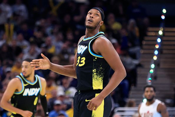 INDIANAPOLIS, INDIANA - NOVEMBER 03: Myles Turner #33 of the Indiana Pacers reacts after a three-point shot during the first half in the game against the Cleveland Cavaliers during the NBA In-Season Tournament at Gainbridge Fieldhouse on November 03, 2023 in Indianapolis, Indiana. NOTE TO USER: User expressly acknowledges and agrees that, by downloading and or using this photograph, User is consenting to the terms and conditions of the Getty Images License Agreement.  (Photo by Justin Casterline/Getty Images)