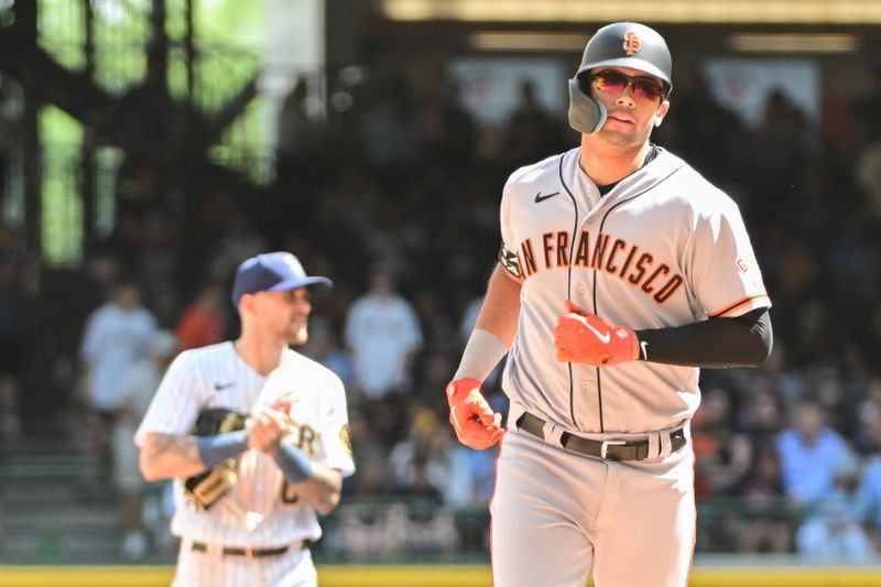 May 28, 2023; Milwaukee, Wisconsin, USA; San Francisco Giants catcher Blake Sabol (2) runs the bases after hitting a three-run home run against the Milwaukee Brewers in the seventh inning at American Family Field. Mandatory Credit: Benny Sieu-USA TODAY Sports