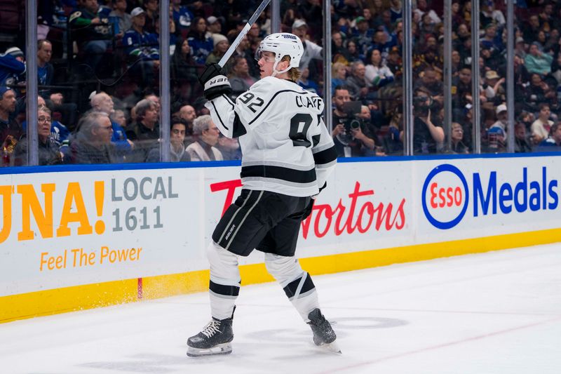 Feb 29, 2024; Vancouver, British Columbia, CAN; Los Angeles Kings defenseman Brandt Clarke (92) celebrates his goal against the Vancouver Canucks in the third period at Rogers Arena. Kings won 5-1. Mandatory Credit: Bob Frid-USA TODAY Sports