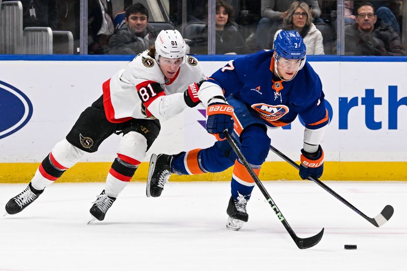 Jan 14, 2025; Elmont, New York, USA;  New York Islanders right wing Maxim Tsyplakov (7) and Ottawa Senators right wing Adam Gaudette (81) chase a loose puck during the first period at UBS Arena. Mandatory Credit: Dennis Schneidler-Imagn Images