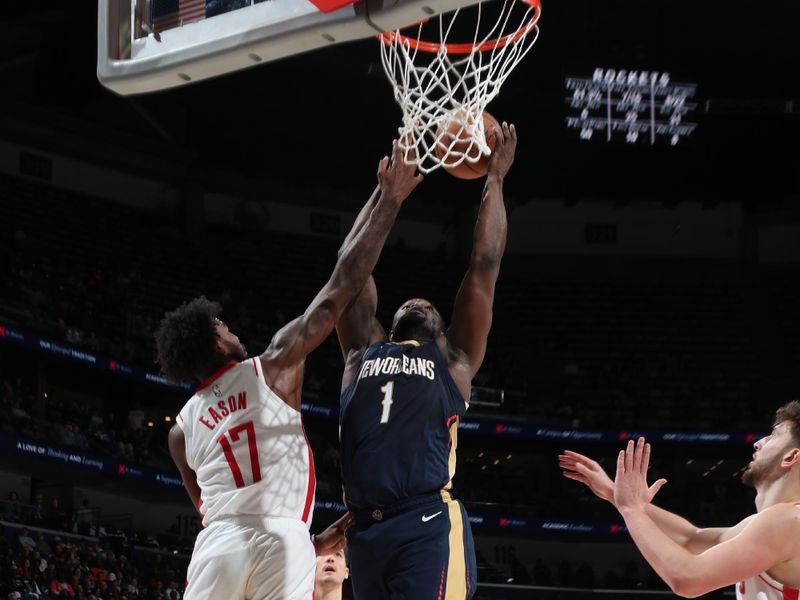 NEW ORLEANS, LA - MARCH 6: Zion Williamson #1 of the New Orleans Pelicans drives to the basket during the game against the Houston Rockets on March 6, 2025 at the Smoothie King Center in New Orleans, Louisiana. NOTE TO USER: User expressly acknowledges and agrees that, by downloading and or using this Photograph, user is consenting to the terms and conditions of the Getty Images License Agreement. Mandatory Copyright Notice: Copyright 2025 NBAE (Photo by Layne Murdoch Jr./NBAE via Getty Images)