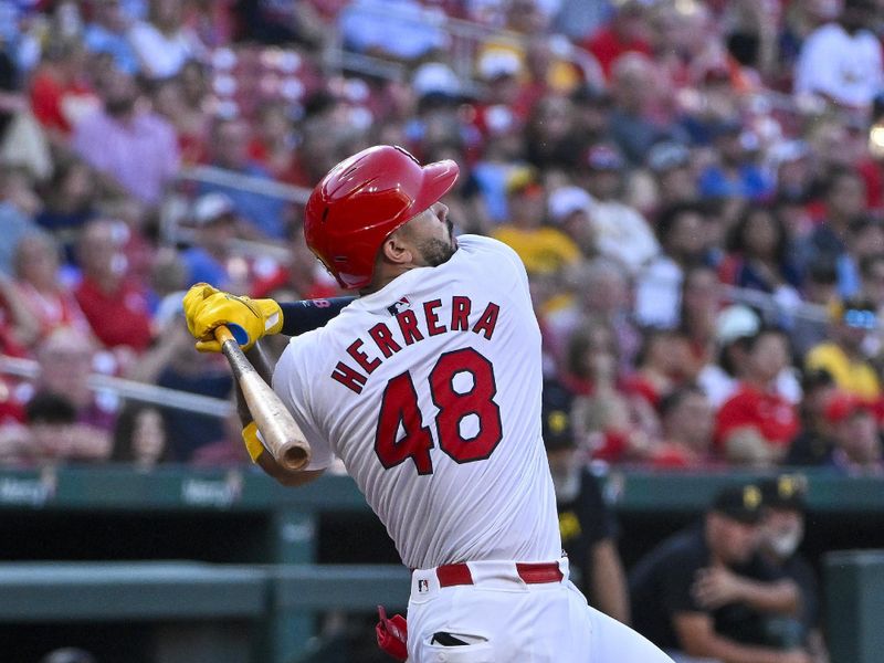 Jun 12, 2024; St. Louis, Missouri, USA;  St. Louis Cardinals catcher Ivan Herrera (48) hits a single against the Pittsburgh Pirates during the second inning at Busch Stadium. Mandatory Credit: Jeff Curry-USA TODAY Sports