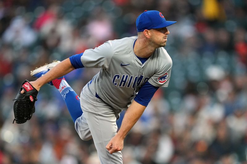 Jun 26, 2024; San Francisco, California, USA; Chicago Cubs relief pitcher Drew Smyly (11) throws a pitch against the San Francisco Giants during the fifth inning at Oracle Park. Mandatory Credit: Darren Yamashita-USA TODAY Sports