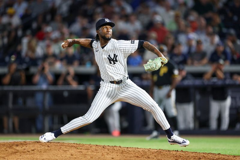 Mar 9, 2026; Tampa, Florida, USA; New York Yankees pitcher Angel Chivilli (57) throws a pitch against the Pittsburgh Pirates in the fifth inning during spring training at George M. Steinbrenner Field. Mandatory Credit: Nathan Ray Seebeck-Imagn Images