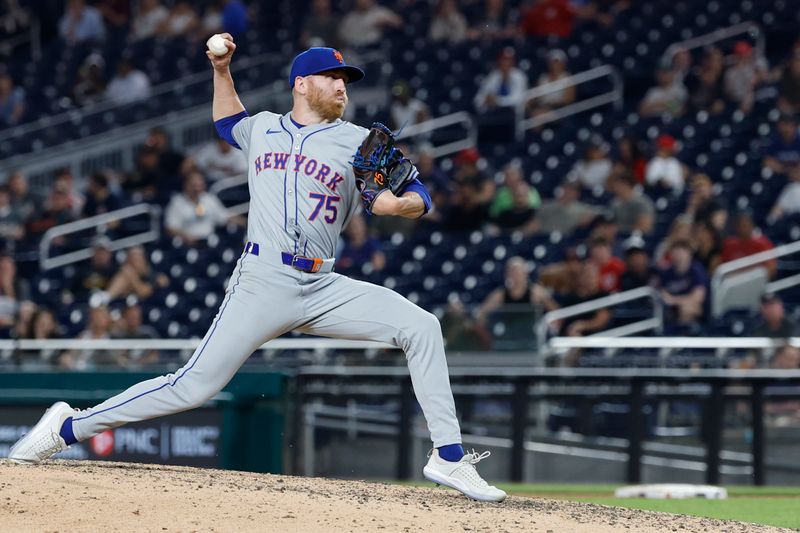 Jun 4, 2024; Washington, District of Columbia, USA; New York Mets pitcher Reed Garrett (75) pitches against the Washington Nationals during the ninth inning at Nationals Park. Mandatory Credit: Geoff Burke-USA TODAY Sports