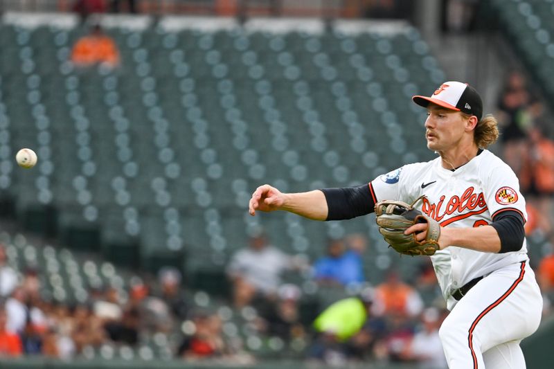 Jun 25, 2024; Baltimore, Maryland, USA;  Baltimore Orioles shortstop Gunnar Henderson (2) throws to home plate for a second inning force out against the Cleveland Guardians at Oriole Park at Camden Yards. Mandatory Credit: Tommy Gilligan-USA TODAY Sports