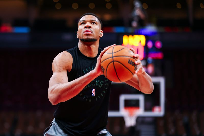 TORONTO, CANADA - JANUARY 6: Giannis Antetokounmpo #34 of the Milwaukee Bucks warms up against the Toronto Raptors on January 6, 2025 at the Scotiabank Arena in Toronto, Ontario, Canada.  NOTE TO USER: User expressly acknowledges and agrees that, by downloading and or using this Photograph, user is consenting to the terms and conditions of the Getty Images License Agreement.  Mandatory Copyright Notice: Copyright 2025 NBAE (Photo by Vaughn Ridley/NBAE via Getty Images)