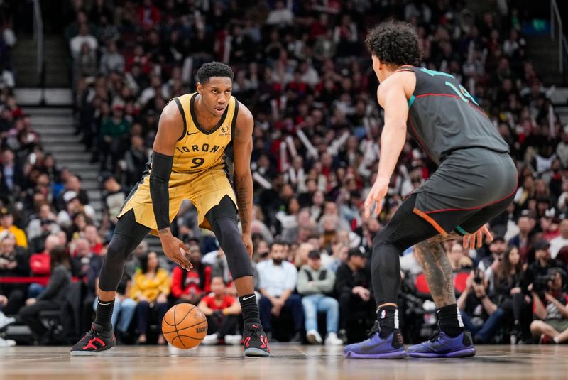 TORONTO, ON - APRIL 7: RJ Barrett #9 of the Toronto Raptors dribbles against the Washington Wizards during the second half of their basketball game at the Scotiabank Arena on April 7, 2024 in Toronto, Ontario, Canada. NOTE TO USER: User expressly acknowledges and agrees that, by downloading and/or using this Photograph, user is consenting to the terms and conditions of the Getty Images License Agreement. (Photo by Mark Blinch/Getty Images)