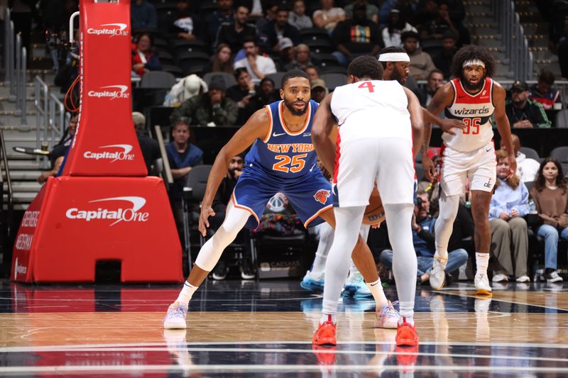WASHINGTON, DC -? OCTOBER 18: Mikal Bridges #25 of the New York Knicks plays defense during the game against the Washington Wizards on October 18, 2024 at Capital One Arena in Washington, DC. NOTE TO USER: User expressly acknowledges and agrees that, by downloading and or using this Photograph, user is consenting to the terms and conditions of the Getty Images License Agreement. Mandatory Copyright Notice: Copyright 2024 NBAE (Photo by Kenny Giarla/NBAE via Getty Images)
