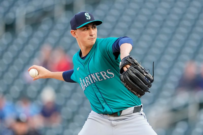 May 8, 2024; Minneapolis, Minnesota, USA; Seattle Mariners starting pitcher George Kirby (68) delivers a pitch against the Minnesota Twins in the first inning at Target Field. Mandatory Credit: Jesse Johnson-USA TODAY Sports