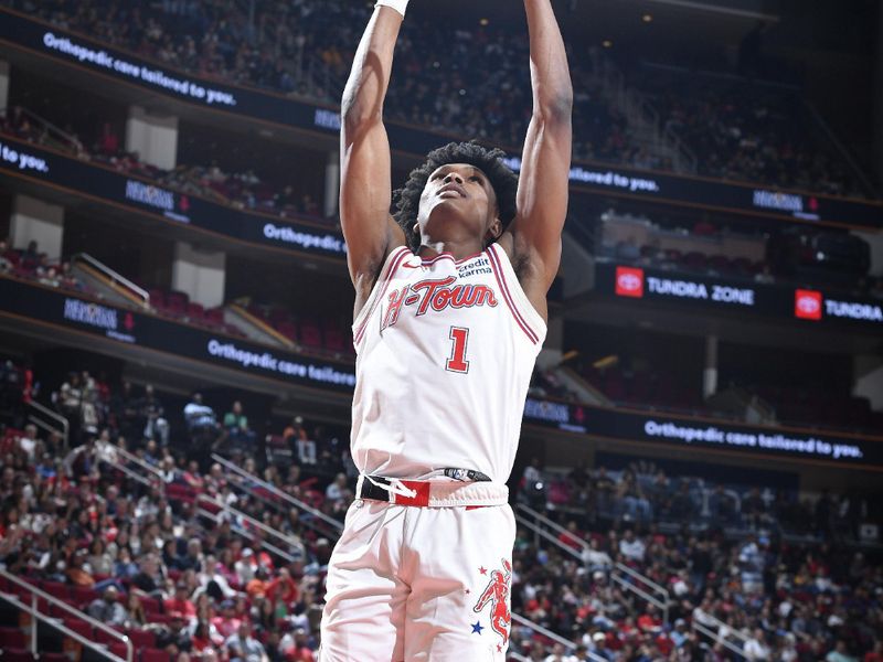 HOUSTON, TX - MARCH 16:  Amen Thompson #1 of the Houston Rockets dunks the ball during the game against the Cleveland Cavaliers on March 16, 2023 at the Toyota Center in Houston, Texas. NOTE TO USER: User expressly acknowledges and agrees that, by downloading and or using this photograph, User is consenting to the terms and conditions of the Getty Images License Agreement. Mandatory Copyright Notice: Copyright 2024 NBAE (Photo by Logan Riely/NBAE via Getty Images)