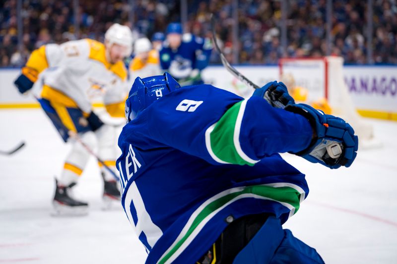 Apr 23, 2024; Vancouver, British Columbia, CAN; Vancouver Canucks forward J.T. Miller (9) shoots against the Nashville Predators during the third period in game two of the first round of the 2024 Stanley Cup Playoffs at Rogers Arena. Mandatory Credit: Bob Frid-USA TODAY Sports