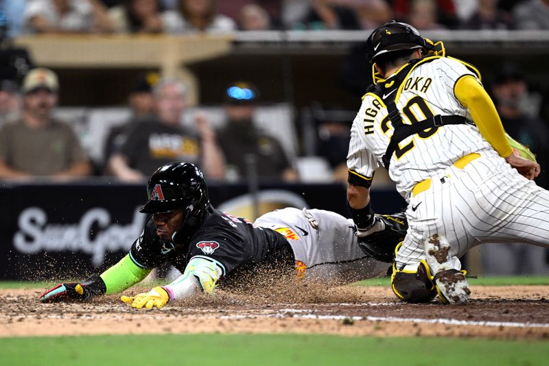 Jul 6, 2024; San Diego, California, USA; Arizona Diamondbacks shortstop Geraldo Perdomo (2) slides home to score a run ahead of the tag by San Diego Padres catcher Kyle Higashioka (20) during the tenth inning at Petco Park. Mandatory Credit: Orlando Ramirez-USA TODAY Sports