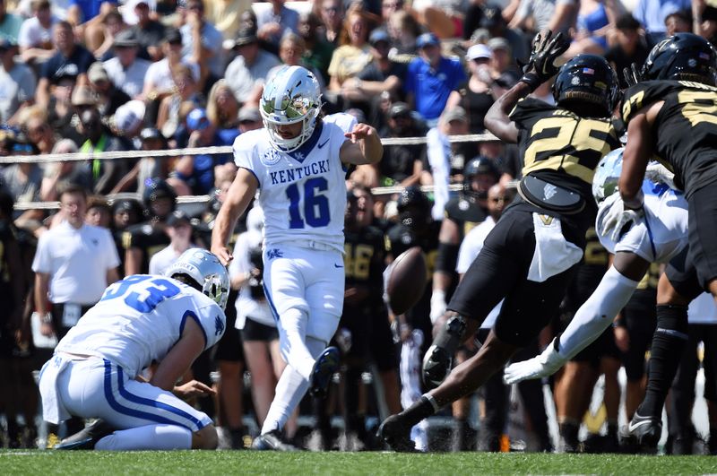 Sep 23, 2023; Nashville, Tennessee, USA; Kentucky Wildcats place kicker Alex Raynor (16) kicks a field goal during the first half against the Vanderbilt Commodores at FirstBank Stadium. Mandatory Credit: Christopher Hanewinckel-USA TODAY Sports