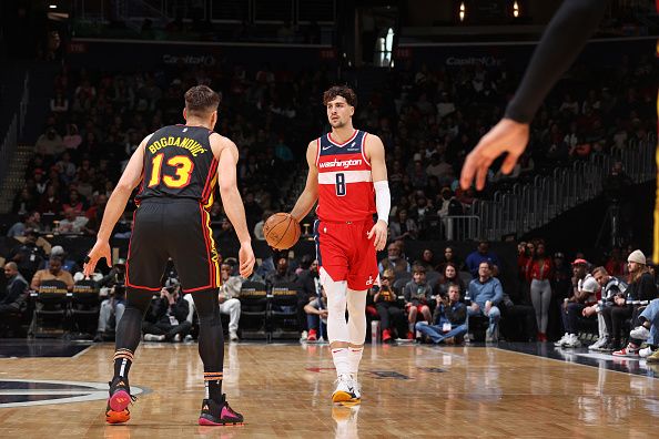 WASHINGTON, DC -? DECEMBER 31: Deni Avdija #8 of the Washington Wizards dribbles the ball during the game against the Atlanta Hawks on December 31, 2023 at Capital One Arena in Washington, DC. NOTE TO USER: User expressly acknowledges and agrees that, by downloading and or using this Photograph, user is consenting to the terms and conditions of the Getty Images License Agreement. Mandatory Copyright Notice: Copyright 2023 NBAE (Photo by Stephen Gosling/NBAE via Getty Images)