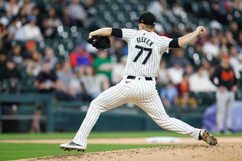 May 24, 2024; Chicago, Illinois, USA; Chicago White Sox starting pitcher Chris Flexen (77) delivers a pitch against the Baltimore Orioles during the third inning at Guaranteed Rate Field. Mandatory Credit: Kamil Krzaczynski-USA TODAY Sports