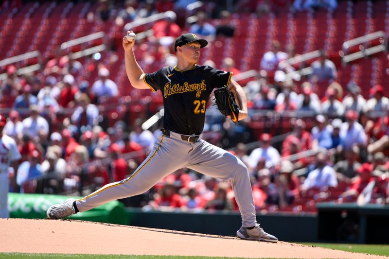 May 7, 2025; St. Louis, Missouri, USA;  Pittsburgh Pirates starting pitcher Mitch Keller (23) pitches against the St. Louis Cardinals during the first inning at Busch Stadium. Mandatory Credit: Jeff Curry-Imagn Images