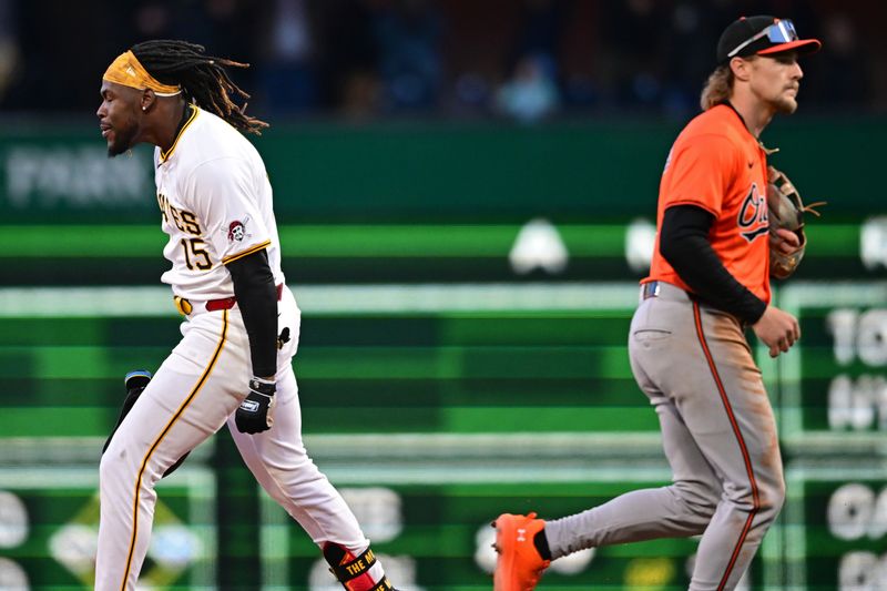 Apr 6, 2024; Pittsburgh, Pennsylvania, USA; Pittsburgh Pirates shortstop Oneil Cruz (15) celebrates after hitting a game winning walk off single during the eleventh inning against the Baltimore Orioles at PNC Park. Mandatory Credit: David Dermer-USA TODAY Sports