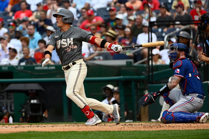 Jul 8, 2023; Washington, District of Columbia, USA; Washington Nationals center fielder Alex Call (17) hits a two run home run against the Texas Rangersduring the second inning at Nationals Park. Mandatory Credit: Brad Mills-USA TODAY Sports