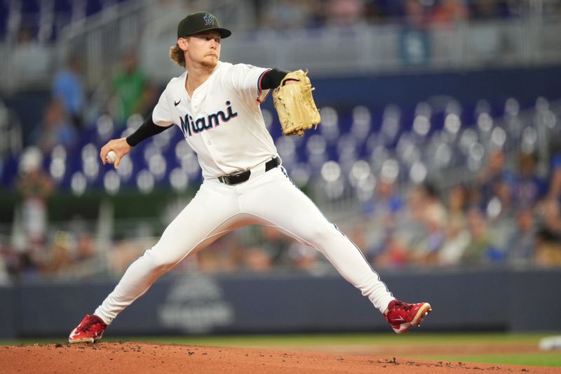 May 21, 2025; Miami, Florida, USA;  Miami Marlins pitcher Max Meyer (23) pitches in the first inning against the Chicago Cubs at loanDepot Park. Mandatory Credit: Jim Rassol-Imagn Images