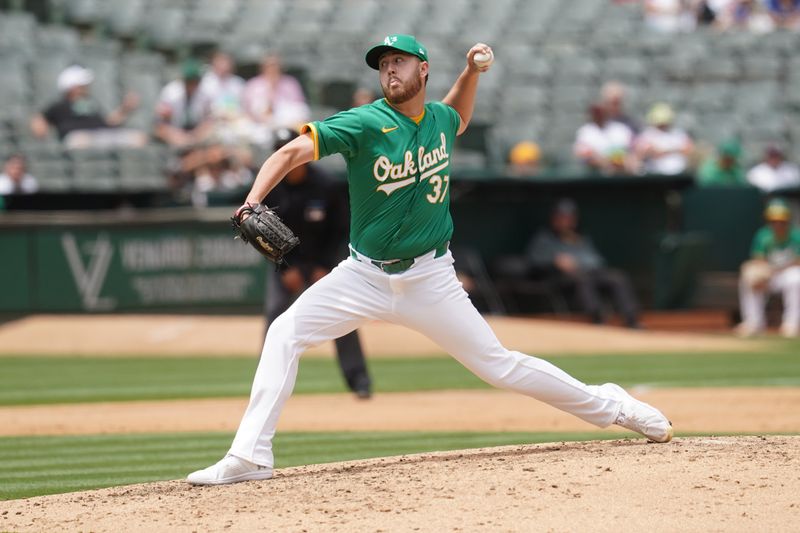 Jun 8, 2024; Oakland, California, USA; Oakland Athletics pitcher Jack O'Loughlin (37) delivers a pitch against the Toronto Blue Jays in the fifth inning at Oakland-Alameda County Coliseum. Mandatory Credit: Cary Edmondson-USA TODAY Sports