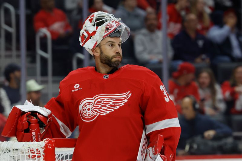 Oct 24, 2024; Detroit, Michigan, USA;  Detroit Red Wings goaltender Cam Talbot (39) looks on in the first period against the New Jersey Devils at Little Caesars Arena. Mandatory Credit: Rick Osentoski-Imagn Images