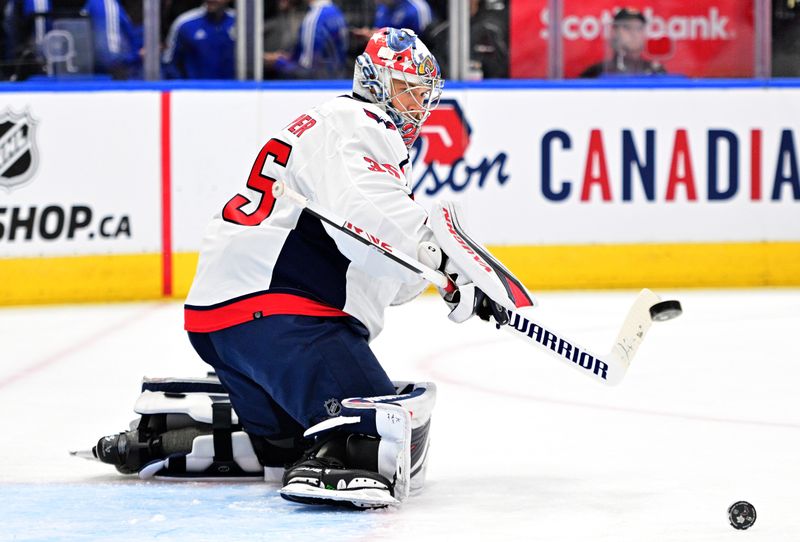 Oct 13, 2022; Toronto, Ontario, CAN;  Washington Capitals goalie Darcy Kuemper (35) warms up before playing the Toronto Maple Leafs at Scotiabank Arena. Mandatory Credit: Dan Hamilton-USA TODAY Sports