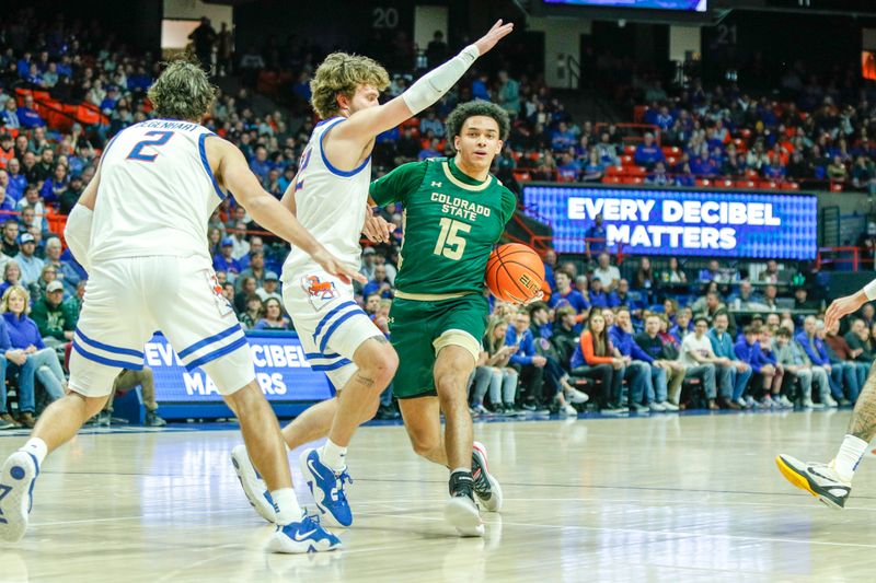 Jan 9, 2024; Boise, Idaho, USA; Colorado State Rams guard Jalen Lake (15) drives the ball against the Boise State Broncos during the first half at ExtraMile Arena. Mandatory Credit: Brian Losness-USA TODAY Sports
