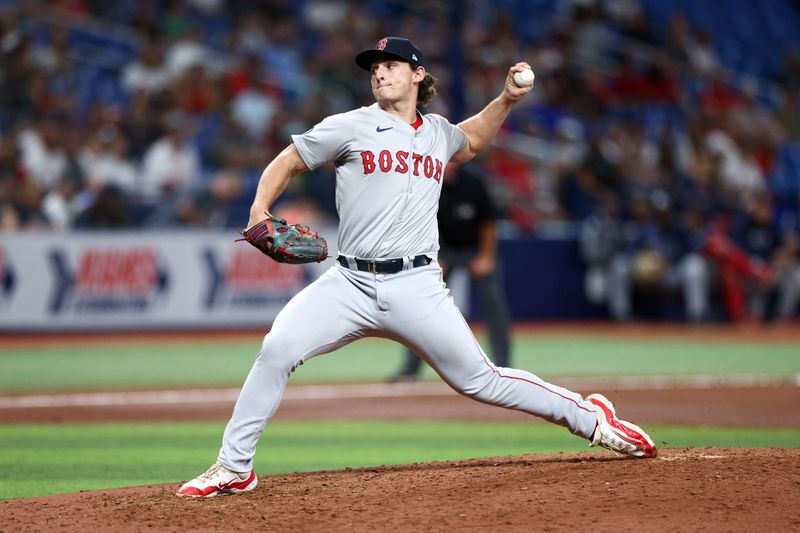 Sep 19, 2024; St. Petersburg, Florida, USA; Boston Red Sox pitcher Zach Penrod (67) throws a pitch against the Tampa Bay Rays in the sixth inning at Tropicana Field. Mandatory Credit: Nathan Ray Seebeck-Imagn Images