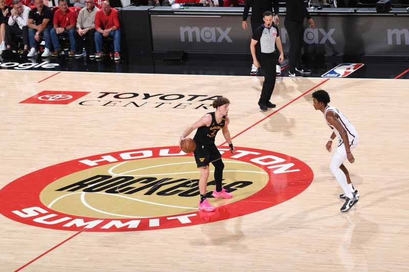 HOUSTON, TX - MAY 4: Brandin Podziemski #2 of the Golden State Warriors dribbles the ball during the game against the Houston Rockets  during Round 1 Game 7 of the 2025 NBA Playoffs on February 1, 2025 at the Toyota Center in Houston, Texas. NOTE TO USER: User expressly acknowledges and agrees that, by downloading and or using this photograph, User is consenting to the terms and conditions of the Getty Images License Agreement. Mandatory Copyright Notice: Copyright 2025 NBAE (Photo by Noah Graham/NBAE via Getty Images)