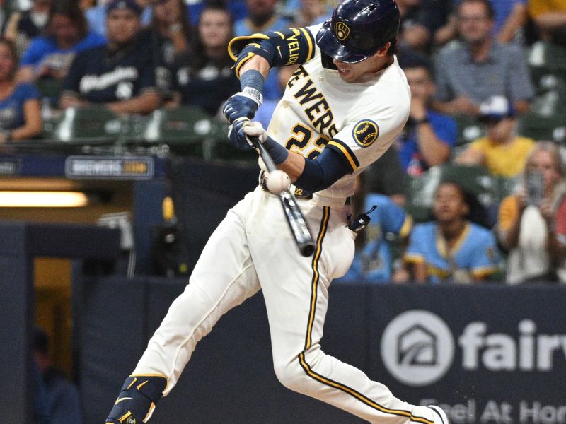 Aug 7, 2023; Milwaukee, Wisconsin, USA; Milwaukee Brewers left fielder Christian Yelich (22) bats against the Colorado Rockies in the fourth inning at American Family Field. Mandatory Credit: Michael McLoone-USA TODAY Sports