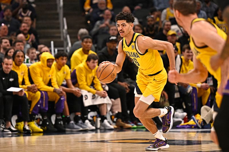 INDIANAPOLIS, IN - MARCH 29: Ben Sheppard #26 of the Indiana Pacers  dribbles the ball during the game against the Los Angeles Lakers on March 24, 2024 at Gainbridge Fieldhouse in Indianapolis, Indiana. NOTE TO USER: User expressly acknowledges and agrees that, by downloading and or using this Photograph, user is consenting to the terms and conditions of the Getty Images License Agreement. Mandatory Copyright Notice: Copyright 2024 NBAE (Photo by David Dow/NBAE via Getty Images)