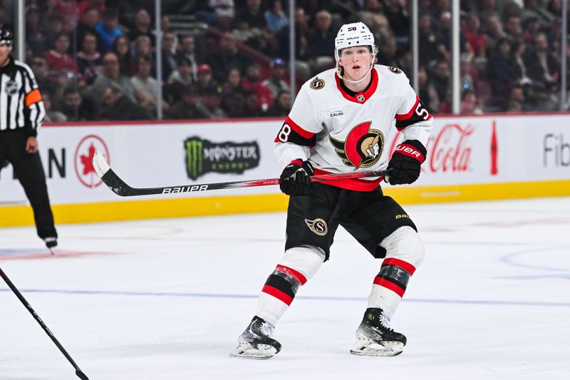 Oct 1, 2024; Montreal, Quebec, CAN; Ottawa Senators defenseman Carter Yakemchuk (58) tracks the play against the Montreal Canadiens during the third period at Bell Centre. Mandatory Credit: David Kirouac-Imagn Images