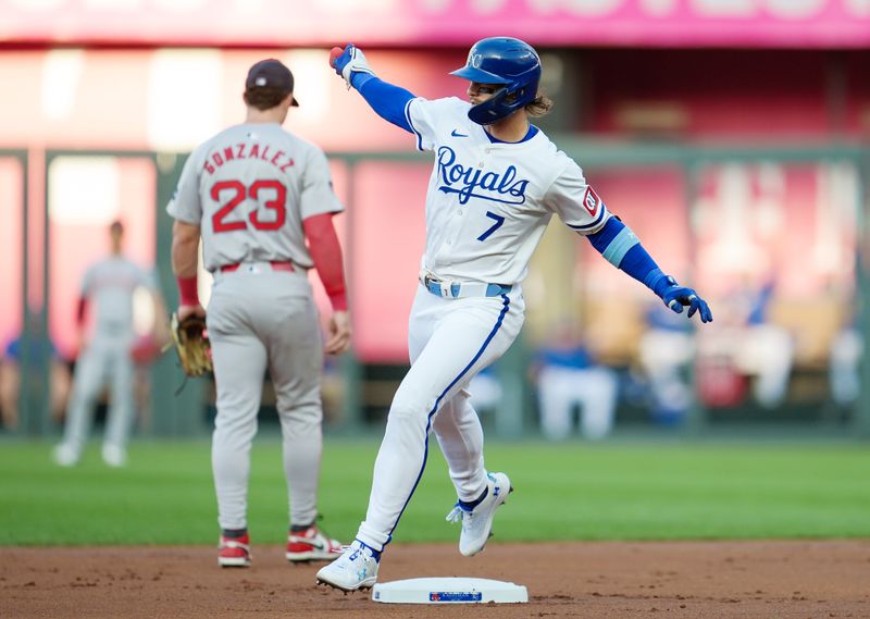 Aug 7, 2024; Kansas City, Missouri, USA; Kansas City Royals shortstop Bobby Witt Jr. (7) rounds the bases after hitting a home run during the first inning against the Boston Red Sox at Kauffman Stadium. Mandatory Credit: Jay Biggerstaff-USA TODAY Sports