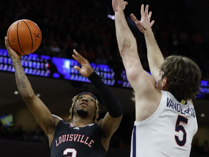 Mar 4, 2023; Charlottesville, Virginia, USA; Louisville Cardinals guard El Ellis (3) shoots the ball as Virginia Cavaliers forward Ben Vander Plas (5) defends in the first half at John Paul Jones Arena. Mandatory Credit: Geoff Burke-USA TODAY Sports