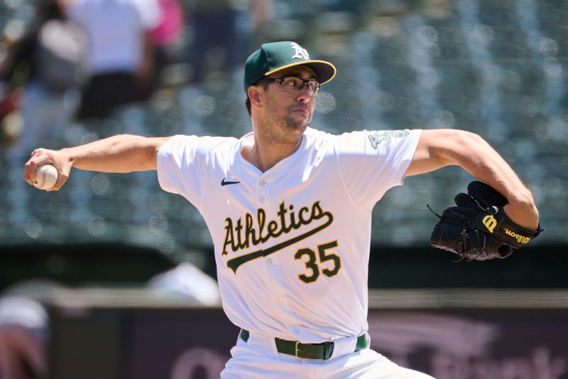 May 5, 2024; Oakland, California, USA; Oakland Athletics starting pitcher Joe Boyle (35) throws a pitch against the Miami Marlins during the first inning at Oakland-Alameda County Coliseum. Mandatory Credit: Robert Edwards-USA TODAY Sports