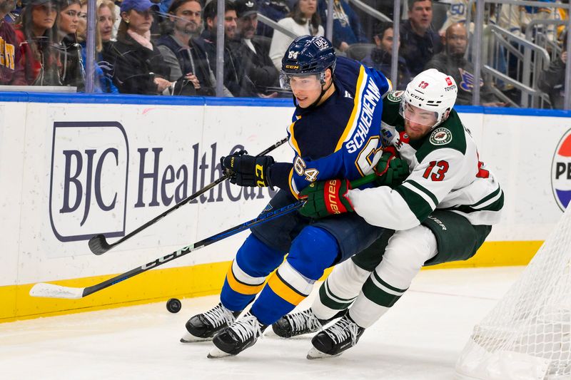 Nov 19, 2024; St. Louis, Missouri, USA;  St. Louis Blues defenseman Corey Schueneman (64) and Minnesota Wild center Yakov Trenin (13) battle for the puck during the first period at Enterprise Center. Mandatory Credit: Jeff Curry-Imagn Images