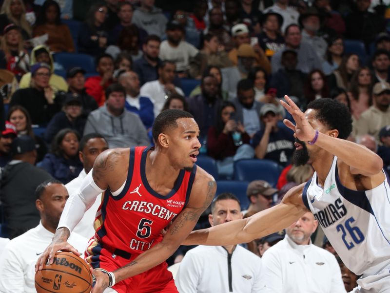 NEW ORLEANS, LA - JANUARY 29: Dejounte Murray #5 of the New Orleans Pelicans handles the ball during the game against the Dallas Mavericks on January 29, 2025 at the Smoothie King Center in New Orleans, Louisiana. NOTE TO USER: User expressly acknowledges and agrees that, by downloading and or using this Photograph, user is consenting to the terms and conditions of the Getty Images License Agreement. Mandatory Copyright Notice: Copyright 2025 NBAE (Photo by Layne Murdoch Jr./NBAE via Getty Images)