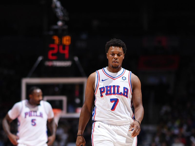 TORONTO, CANADA - OCTOBER 25: Kyle Lowry #7 of the Philadelphia 76ers looks on during the game against the Toronto Raptors on October 25, 2024 at the Scotiabank Arena in Toronto, Ontario, Canada.  NOTE TO USER: User expressly acknowledges and agrees that, by downloading and or using this Photograph, user is consenting to the terms and conditions of the Getty Images License Agreement.  Mandatory Copyright Notice: Copyright 2024 NBAE (Photo by Mark Blinch/NBAE via Getty Images)