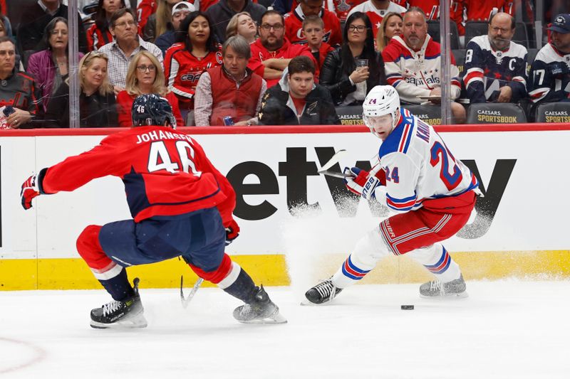 Apr 26, 2024; Washington, District of Columbia, USA;New York Rangers right wing Kaapo Kakko (24) skates with the puck as Washington Capitals defenseman Lucas Johansen (46) defends in the second period in game three of the first round of the 2024 Stanley Cup Playoffs at Capital One Arena. Mandatory Credit: Geoff Burke-USA TODAY Sports