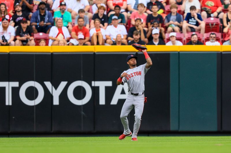 Jun 23, 2024; Cincinnati, Ohio, USA; Boston Red Sox outfielder Ceddanne Rafaela (43) catches a pop up hit by Cincinnati Reds catcher Tyler Stephenson (not pictured) in the fourth inning at Great American Ball Park. Mandatory Credit: Katie Stratman-USA TODAY Sports