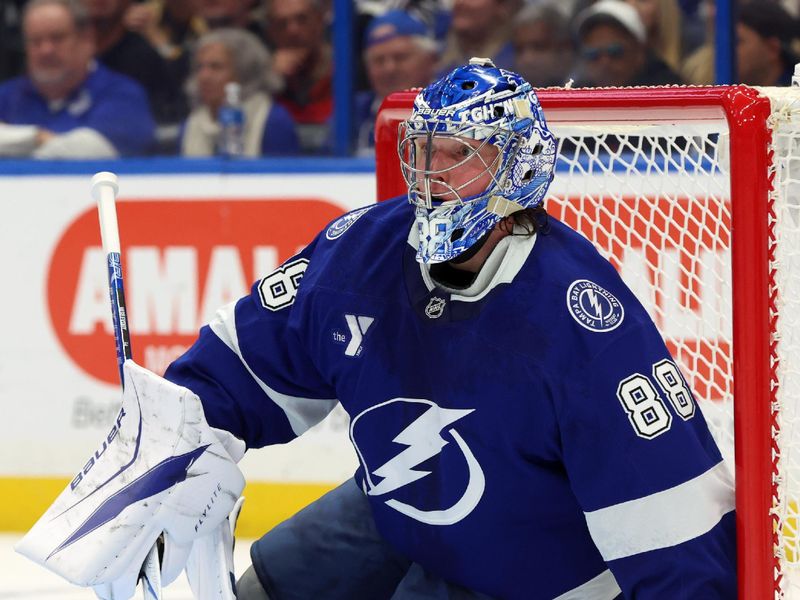 Nov 18, 2025; Tampa, Florida, USA; Tampa Bay Lightning goaltender Andrei Vasilevskiy (88) against the New Jersey Devils during the second period at Benchmark International Arena. Mandatory Credit: Kim Klement Neitzel-Imagn Images