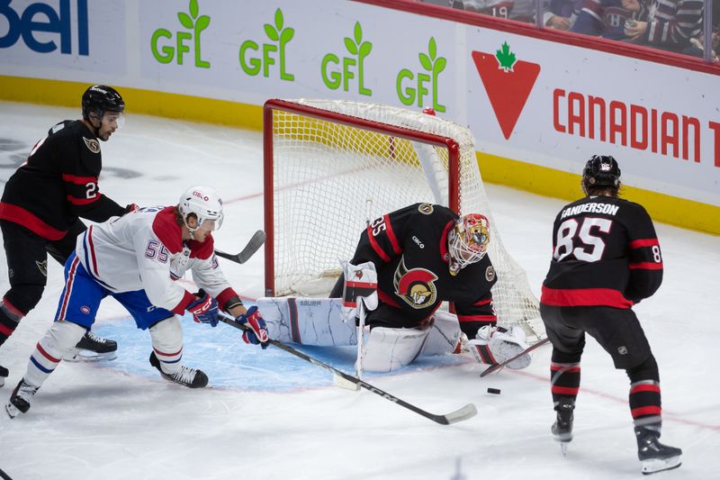 Oct 5, 2024; Ottawa, Ontario, CAN; Ottawa Senators goalie Linus Ullmark (35) makes a save in front of Montreal Canadiens left wing Michael Pezzetta (55) in the third period at the Canadian Tire Centre. Mandatory Credit: Marc DesRosiers-Imagn Images