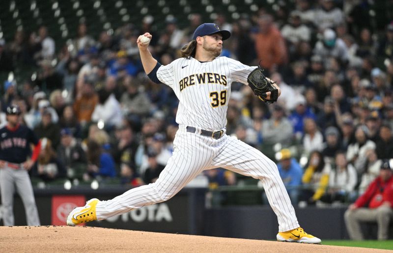 Apr 23, 2023; Milwaukee, Wisconsin, USA;  Milwaukee Brewers starting pitcher Corbin Burnes (39) delivers against the Boston Red Sox in the first inning at American Family Field. Mandatory Credit: Michael McLoone-USA TODAY Sports