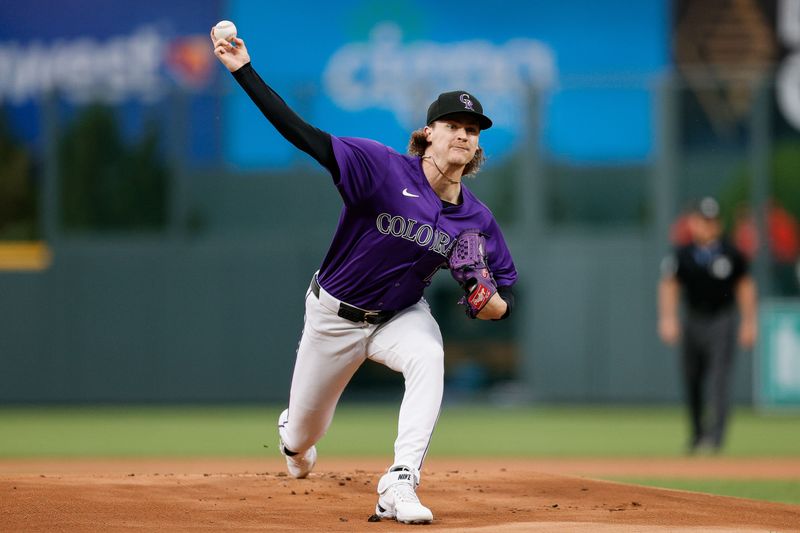 Jun 3, 2024; Denver, Colorado, USA; Colorado Rockies starting pitcher Ryan Feltner (18) pitches in the first inning against the Cincinnati Reds at Coors Field. Mandatory Credit: Isaiah J. Downing-USA TODAY Sports