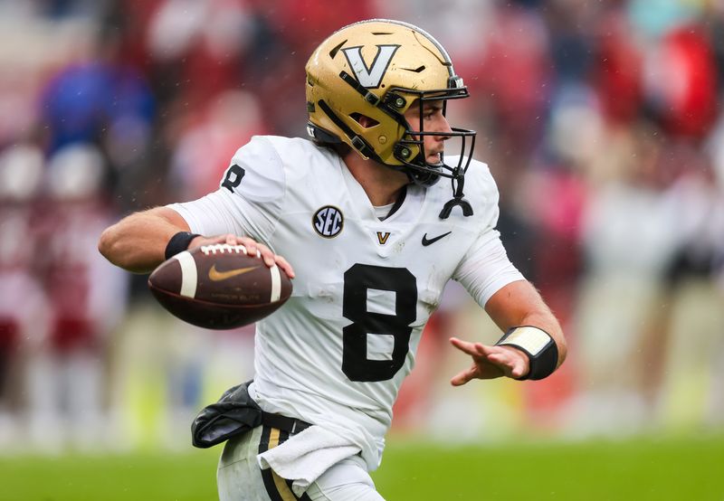 Nov 11, 2023; Columbia, South Carolina, USA; Vanderbilt Commodores quarterback Ken Seals (8) throws a pass against the South Carolina Gamecocks in the second half at Williams-Brice Stadium. Mandatory Credit: Jeff Blake-USA TODAY Sports