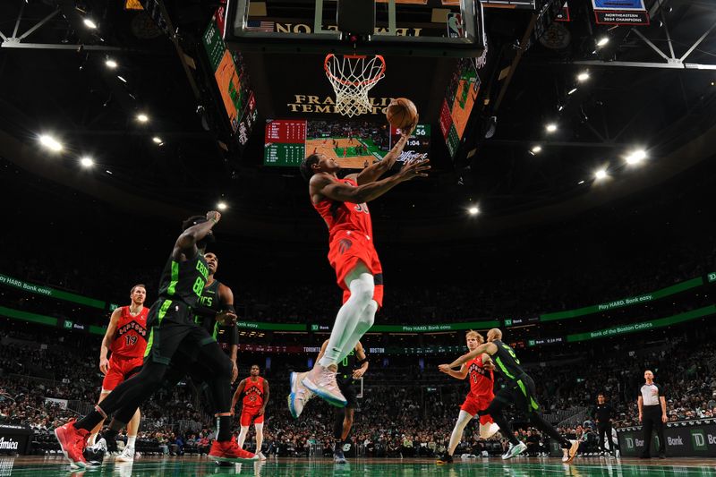 BOSTON, MA - NOVEMBER 16: Ochai Agbaji #30 of the Toronto Raptors shoots the ball during the game against the Boston Celtics on November 16, 2024 at TD Garden in Boston, Massachusetts. NOTE TO USER: User expressly acknowledges and agrees that, by downloading and/or using this Photograph, user is consenting to the terms and conditions of the Getty Images License Agreement. Mandatory Copyright Notice: Copyright 2024 NBAE (Photo by Brian Babineau/NBAE via Getty Images)