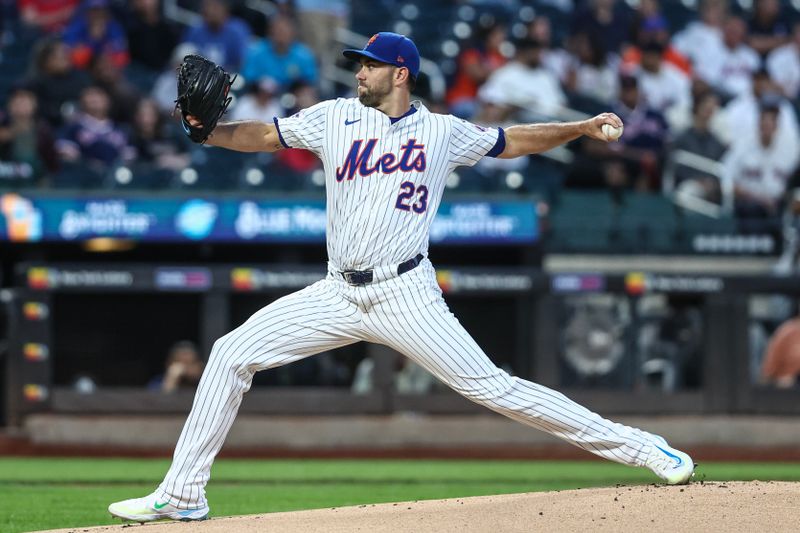 Sep 3, 2024; New York City, New York, USA;  New York Mets starting pitcher David Peterson (23) pitches in the first inning against the Boston Red Sox at Citi Field. Mandatory Credit: Wendell Cruz-Imagn Images