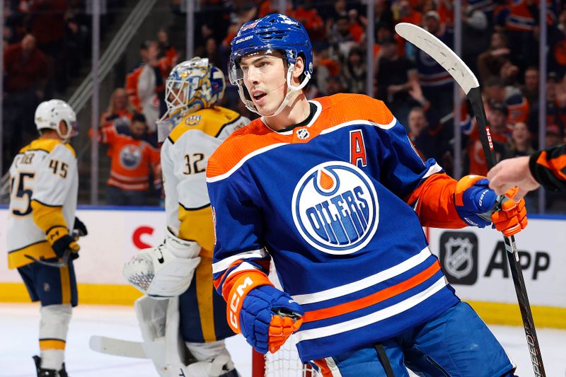 Jan 27, 2024; Edmonton, Alberta, CAN; Edmonton Oilers forward Ryan Nugent-Hopkins (93) celebrates after scoring a goal during the first period against the Nashville Predators at Rogers Place. Mandatory Credit: Perry Nelson-USA TODAY Sports